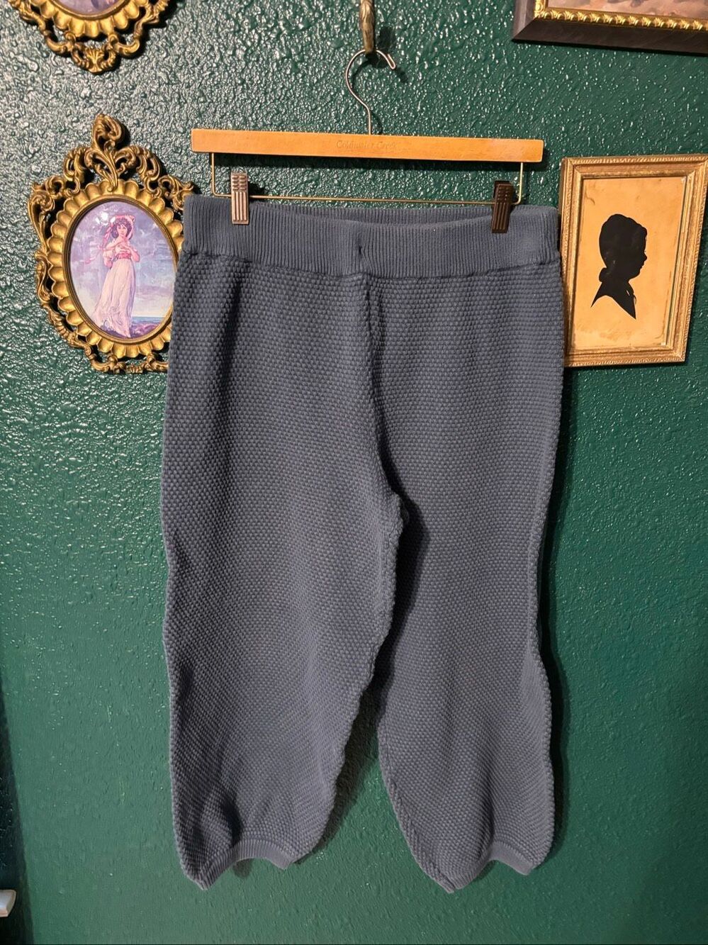 Free People Beach Hailee Sweater Pants Medium Teal Blue Waffle Knit Cropped Cuff
